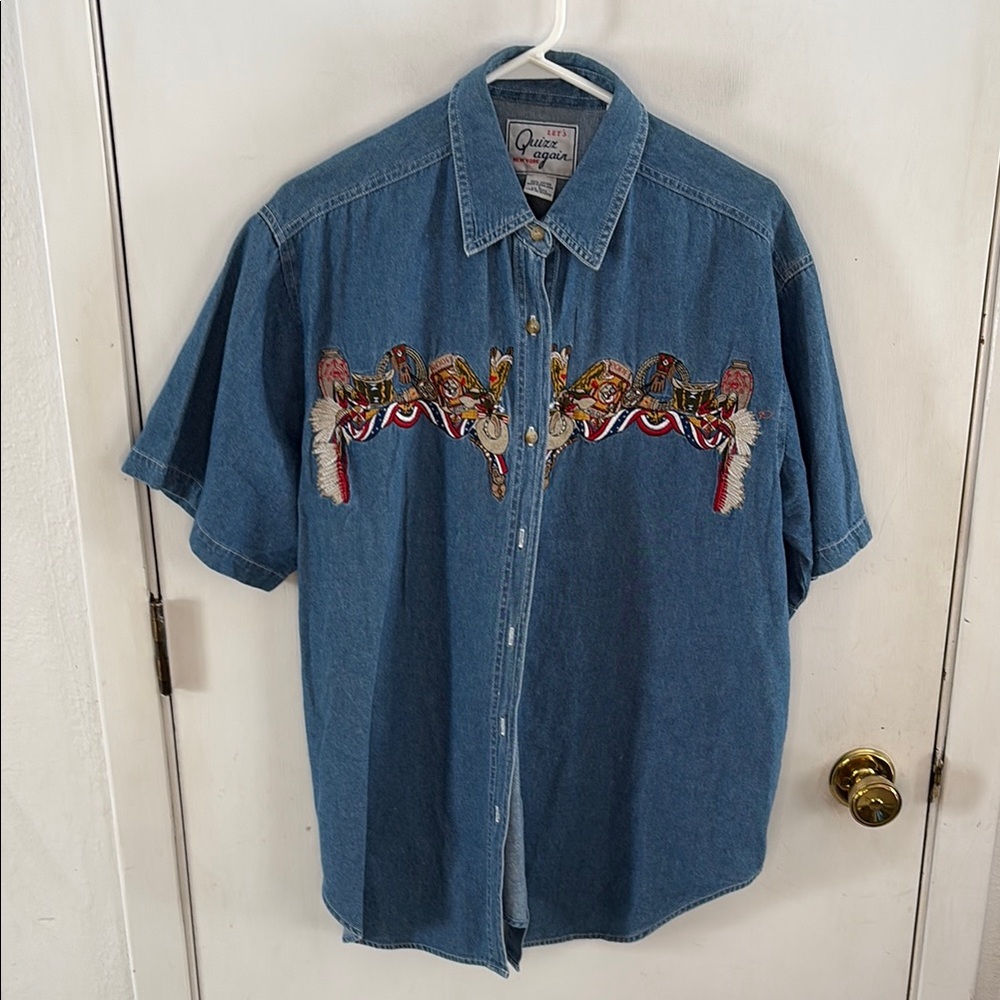 Vintage Quizz denim chambray short sleeve western embroidered shirt Size Large